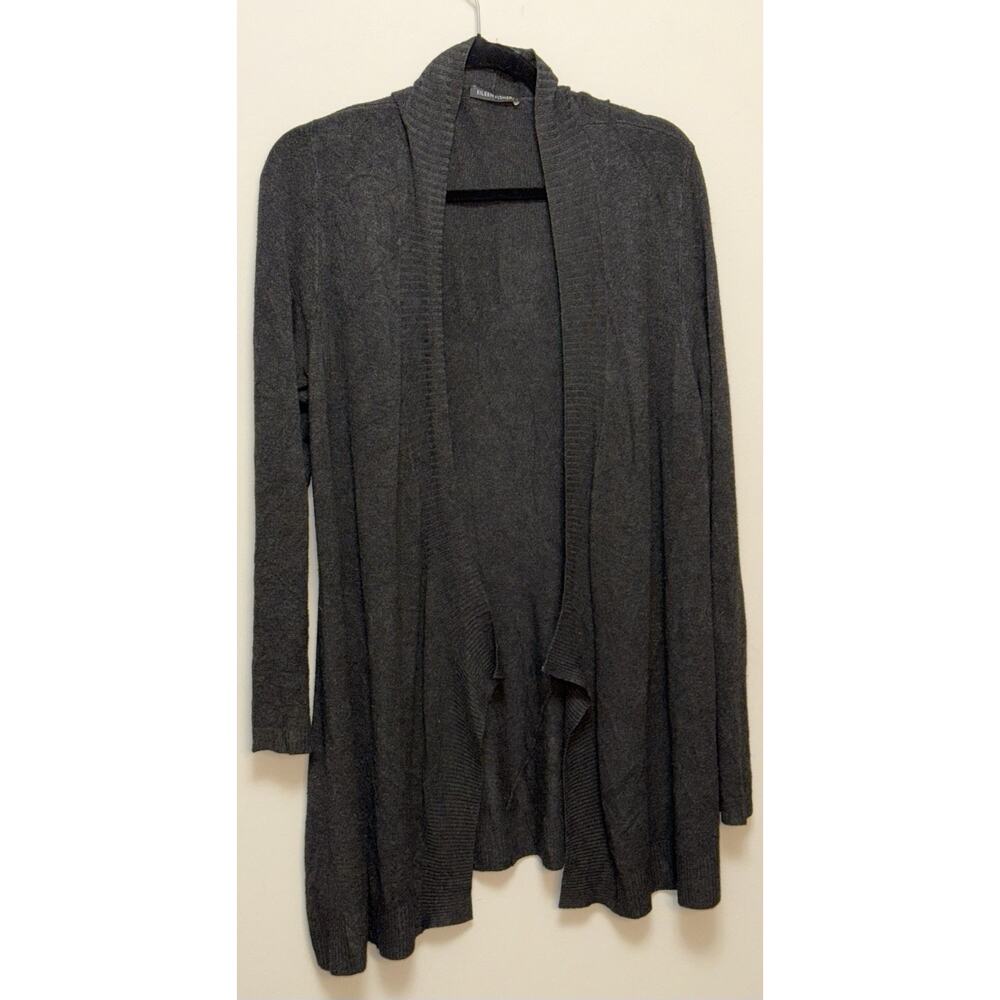 Eileen Fisher Cardigan Sweater Gray‎ Open Waterfall Rib Trim Minimalist Medium